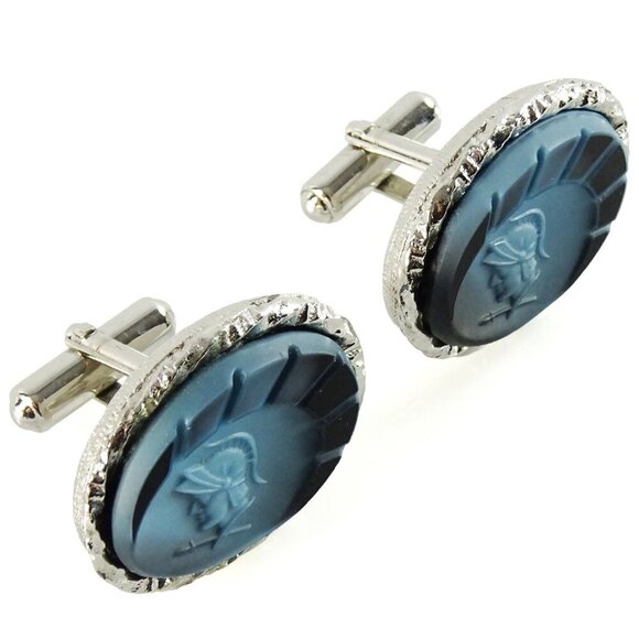 Vintage Big Warrior Cameo Cufflinks Large Oval Blue Cuff Links Soldier Knight - Picture 2 of 3